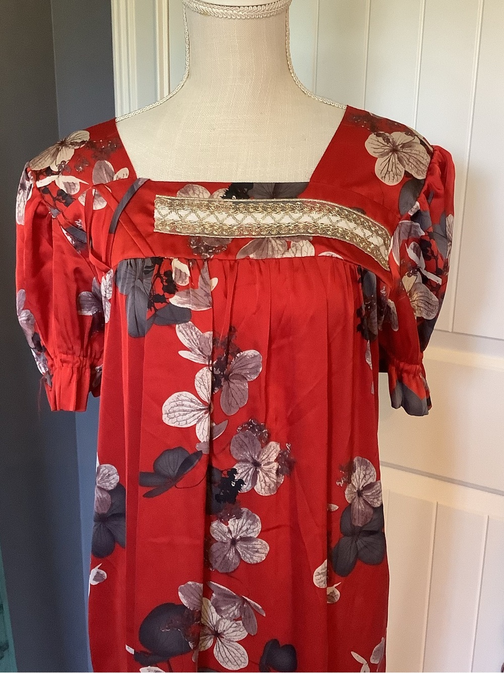 Vintage Red Floral Mumu with Square Neck and Embroidered Yoke - Picture 2 of 4